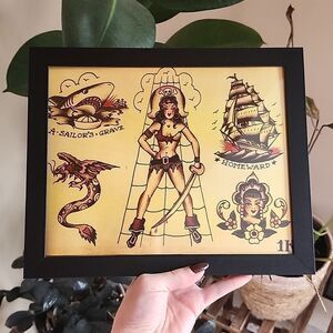 Framed American Traditional Tattoo Art Flash Print, 8x10